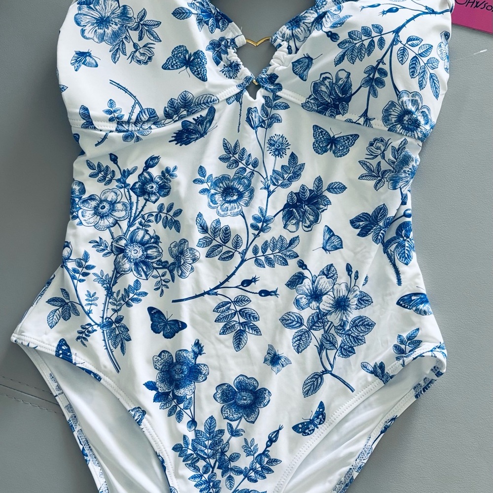 Betsey Johnson Grecian Blue Floral Large Bathing Suit NWT